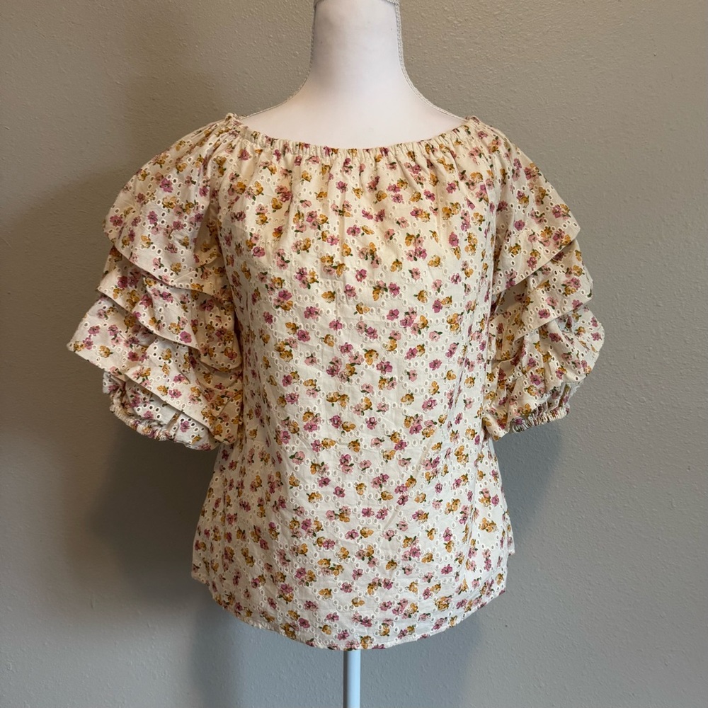 CeCe Floral‎ Eyelet Ruffle Sleeve Top - XS Pink/Cream Cottagecore